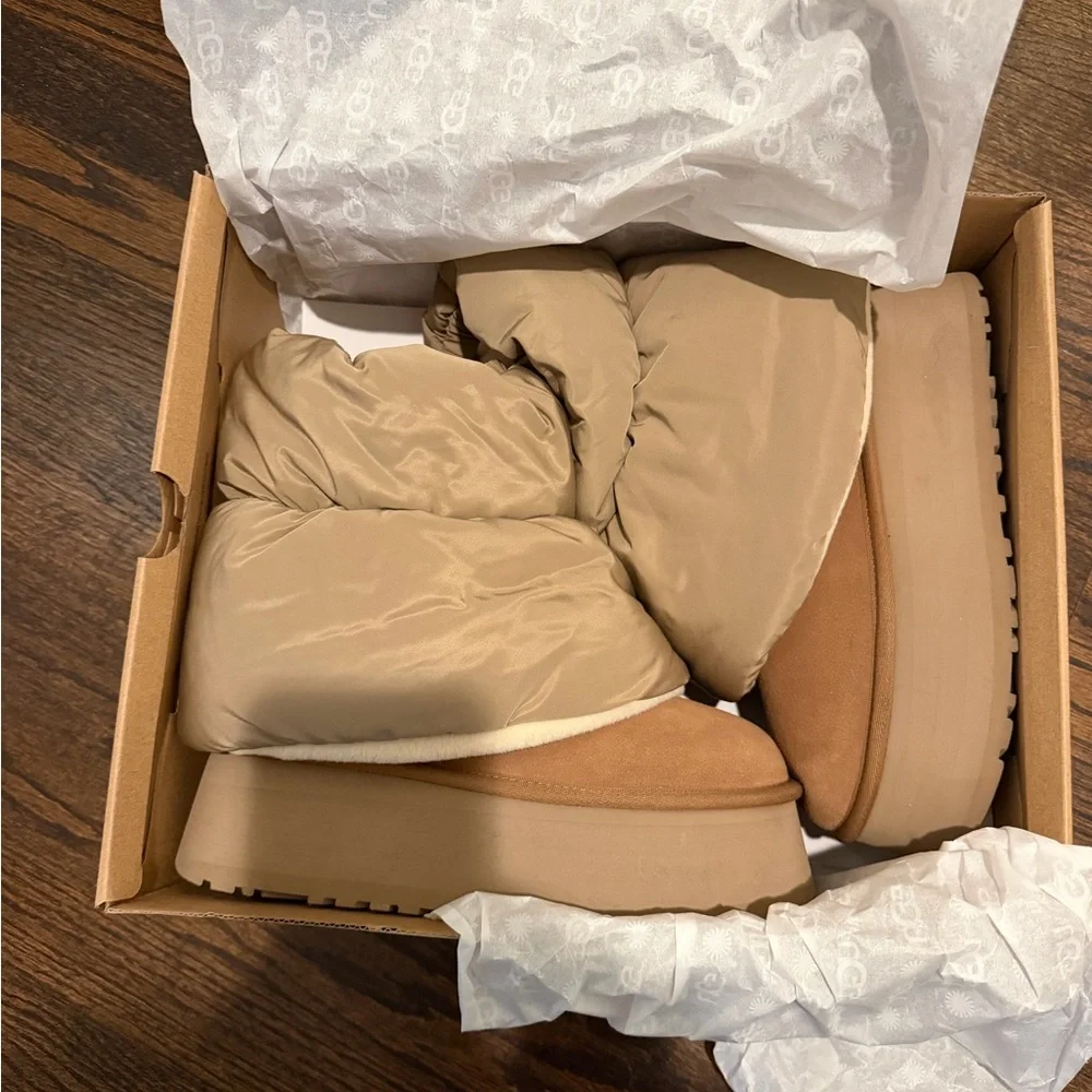 Woman Tan Puffer Platform Slipper Boots